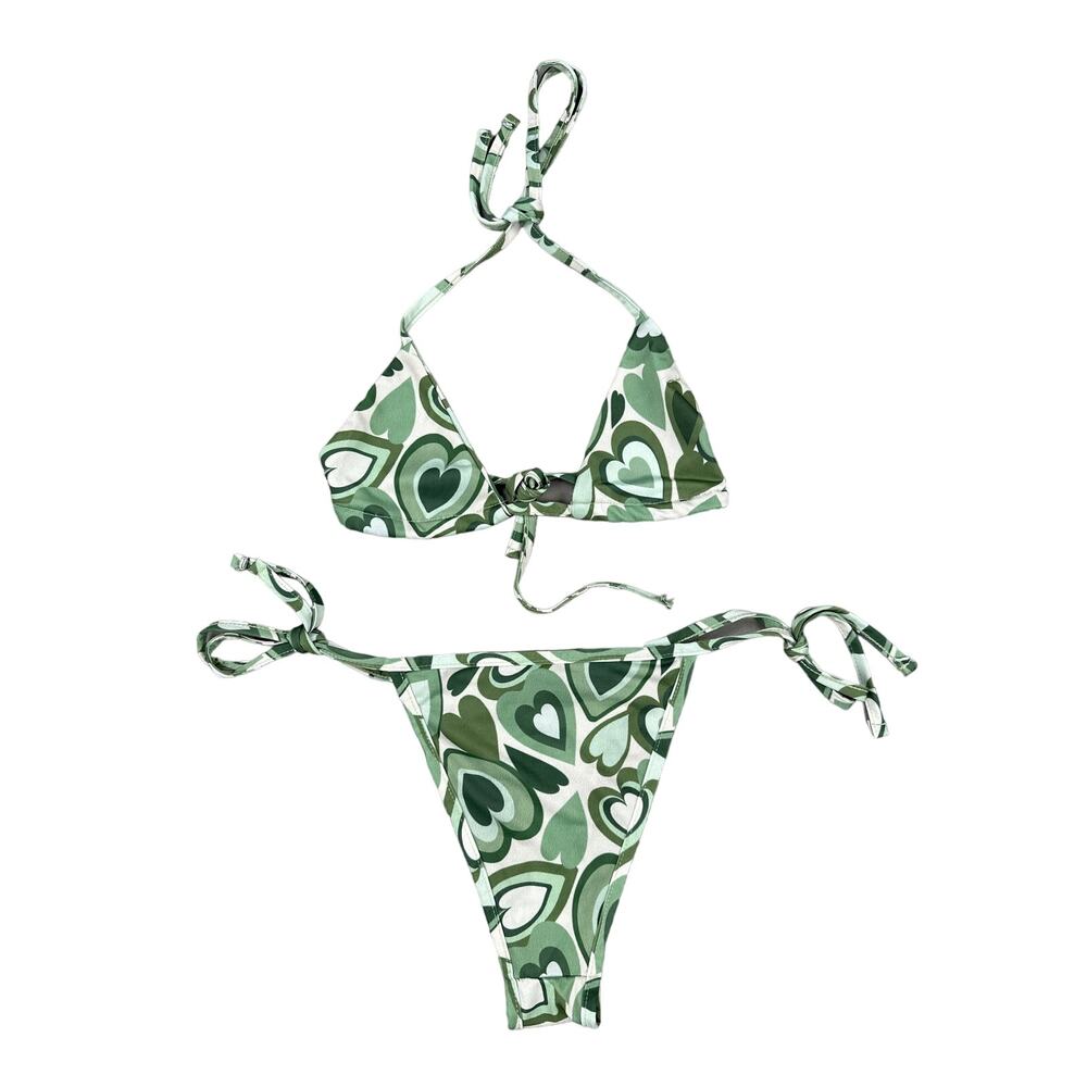 PrettyLittleThing - Heart Print Triangle Bikini in Green
